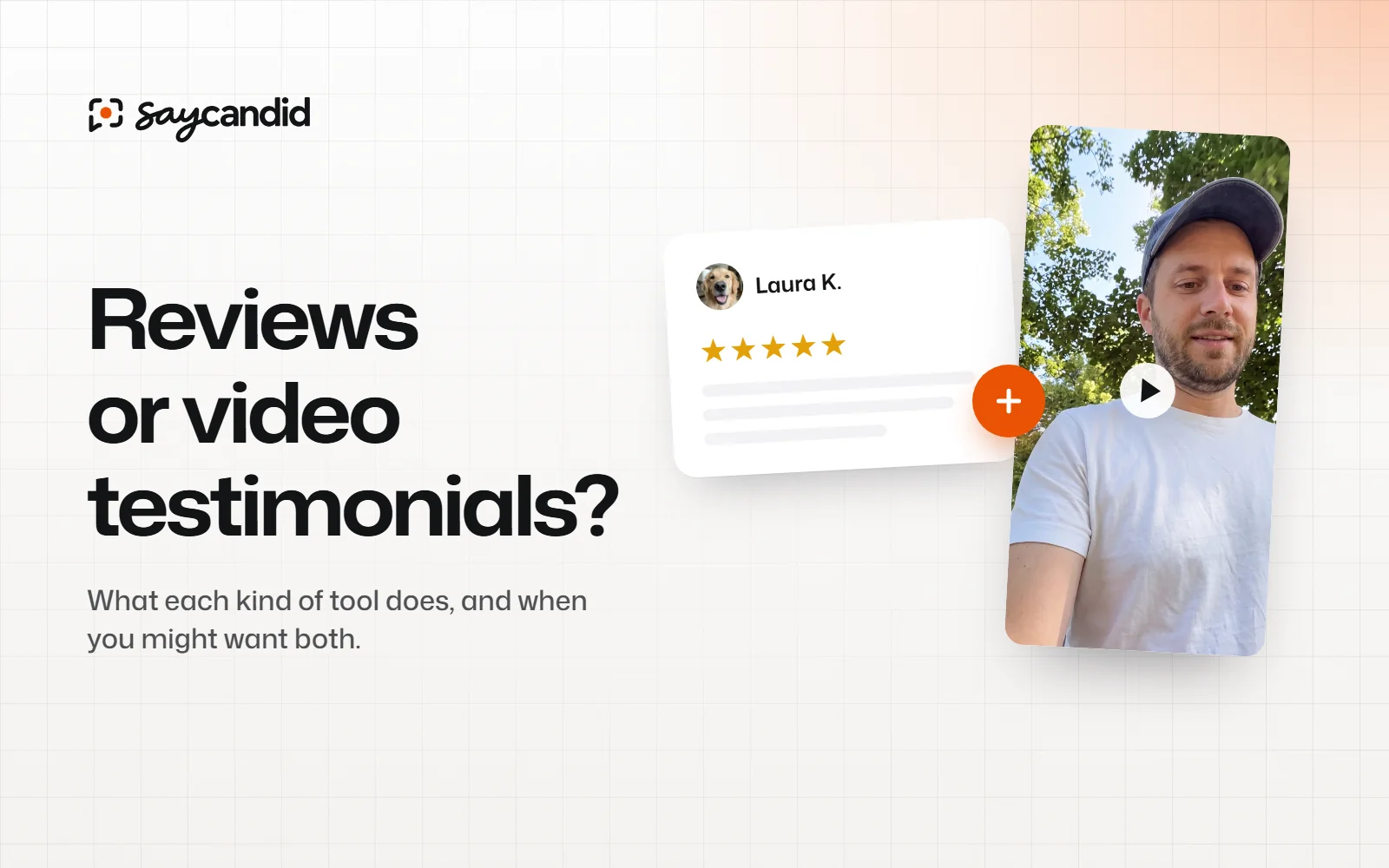 A five-star written review card and a customer video joined by a plus sign, next to the headline “Reviews or video testimonials?”