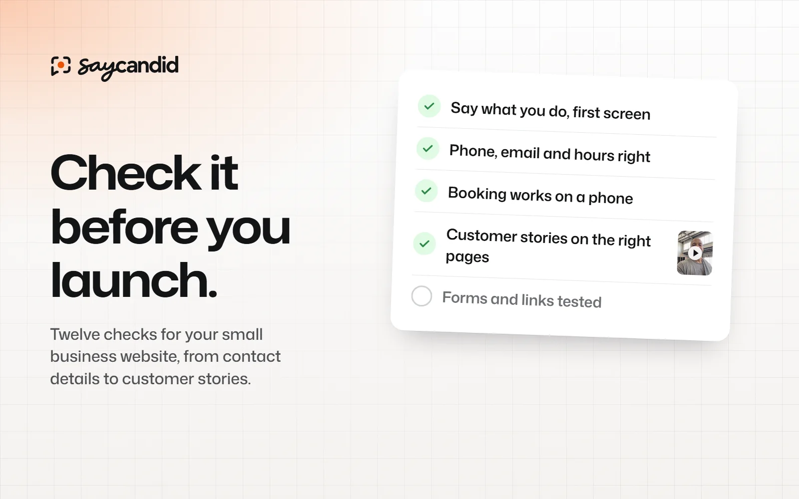 A website launch checklist with ticked items, including customer stories on the right pages, next to the headline “Check it before you launch.”