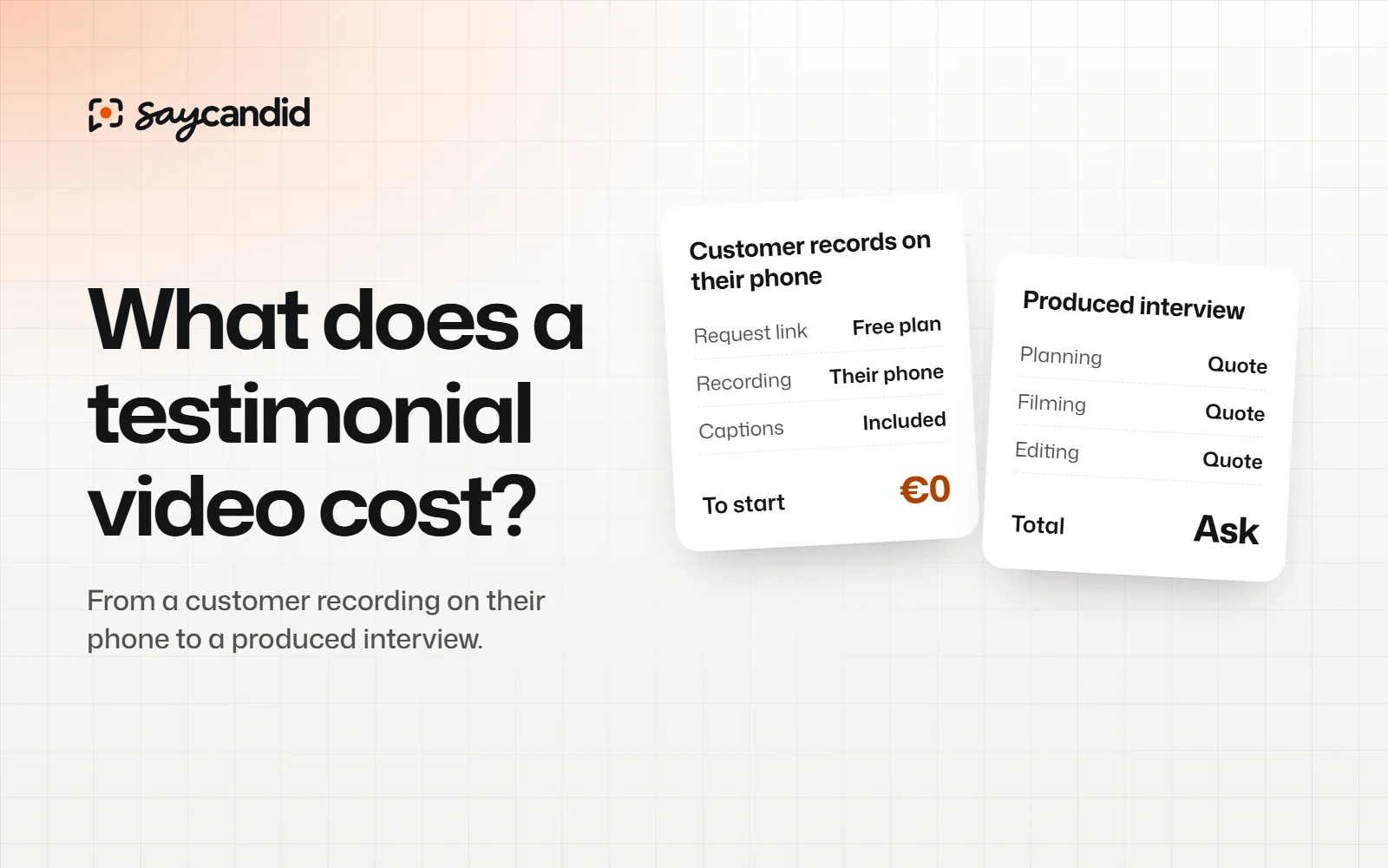 Two receipts comparing a customer recording on their phone, from €0 on a free plan, with a produced interview priced by quote.