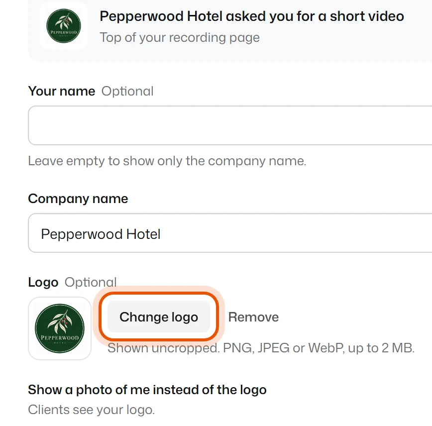 Settings, Business tab, with the logo uploaded