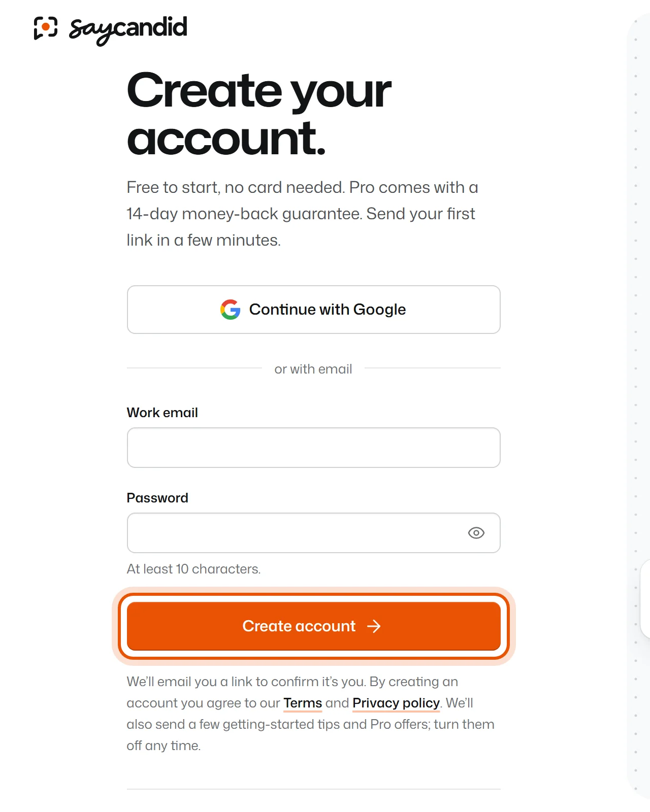 The sign-up page