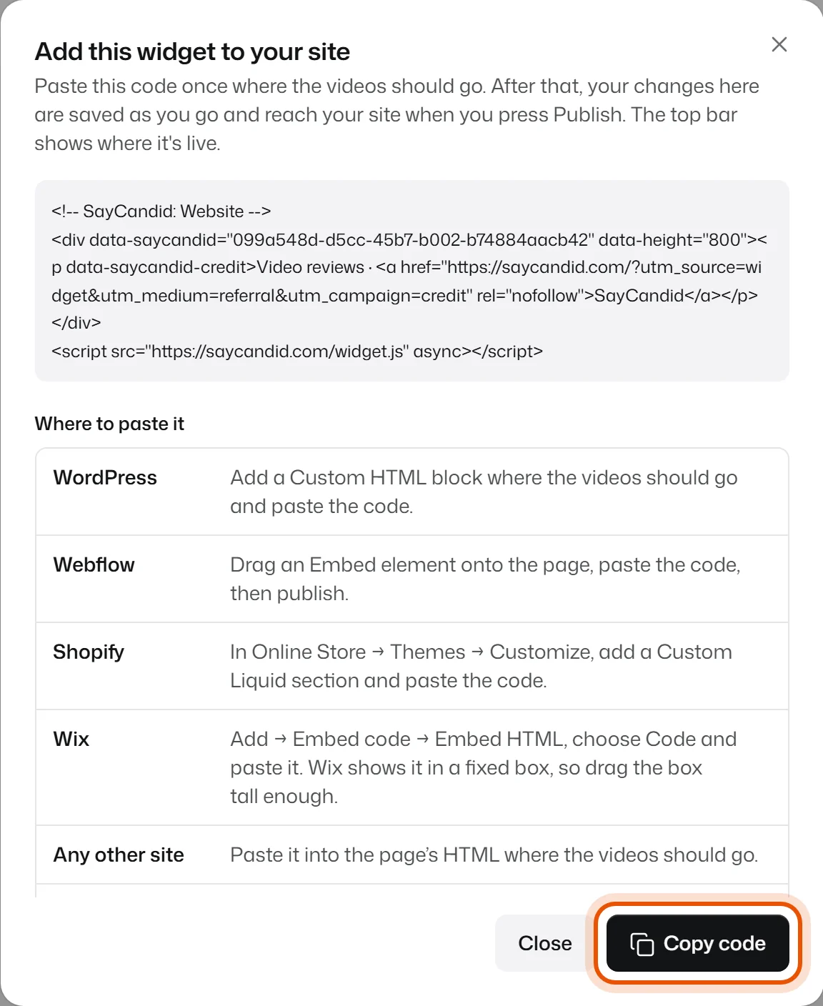 The Get code window