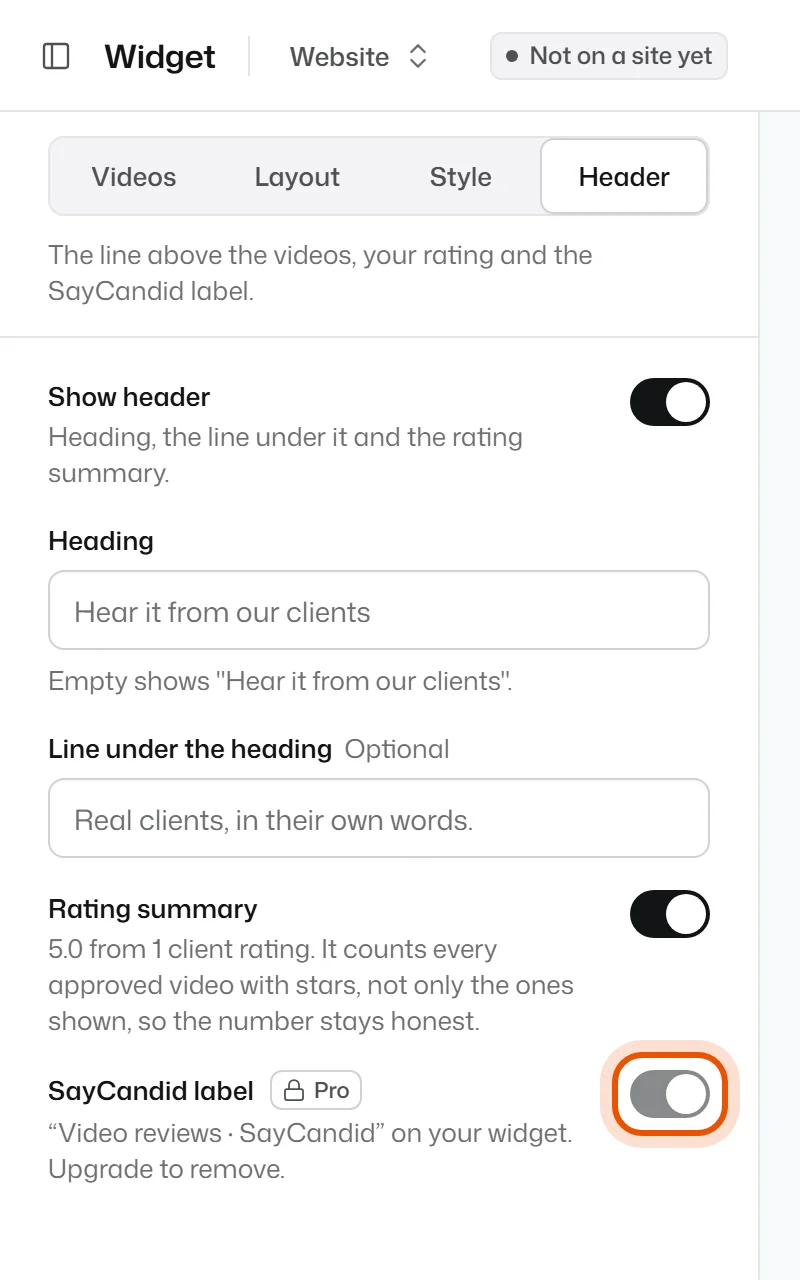 The SayCandid label switch in the Header step